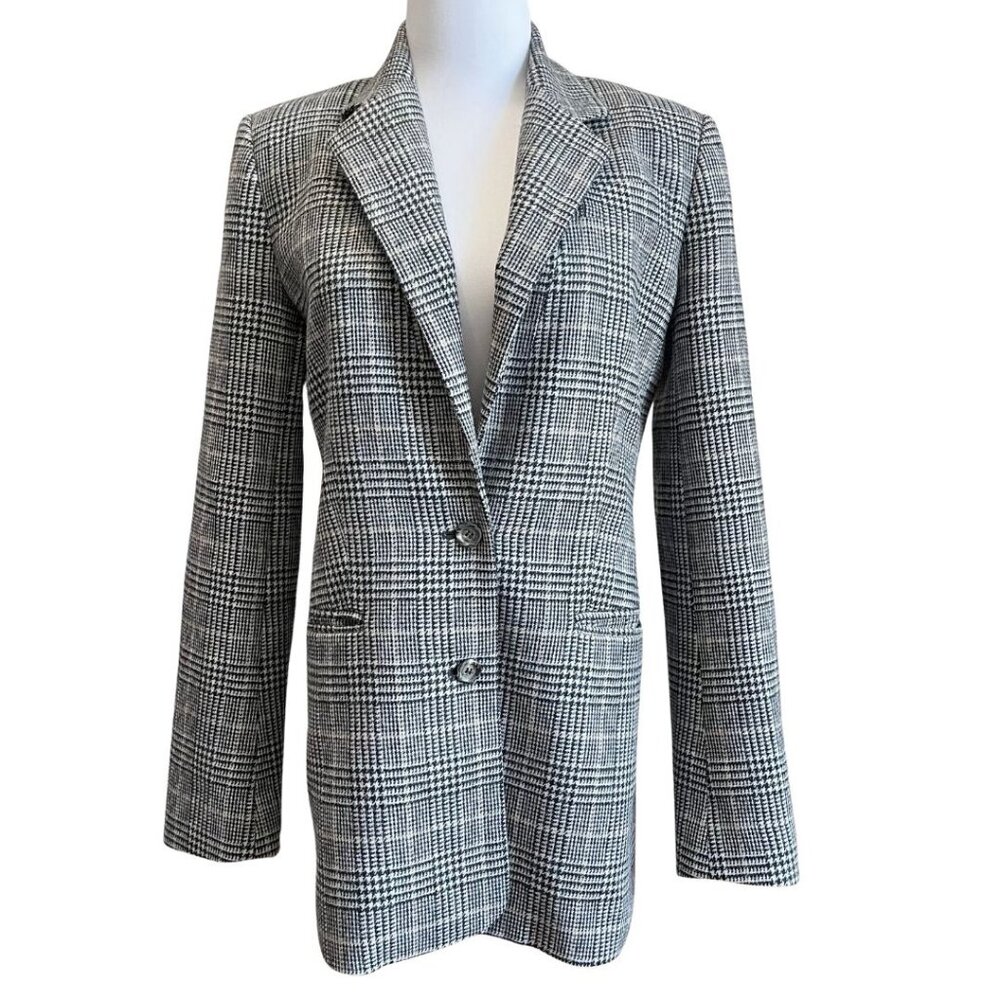 CLUB MONACO HOUDSTOOTH WOOL BLEND SINGLE BREATED MID-LENGTH BLAZER - 2 - Picture 2 of 9